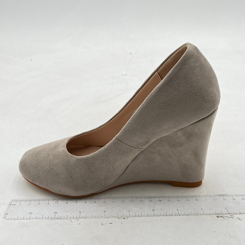FOWT Grey Wedge Pumps Basic Closed Almond Toe Thick High Heels Shoes